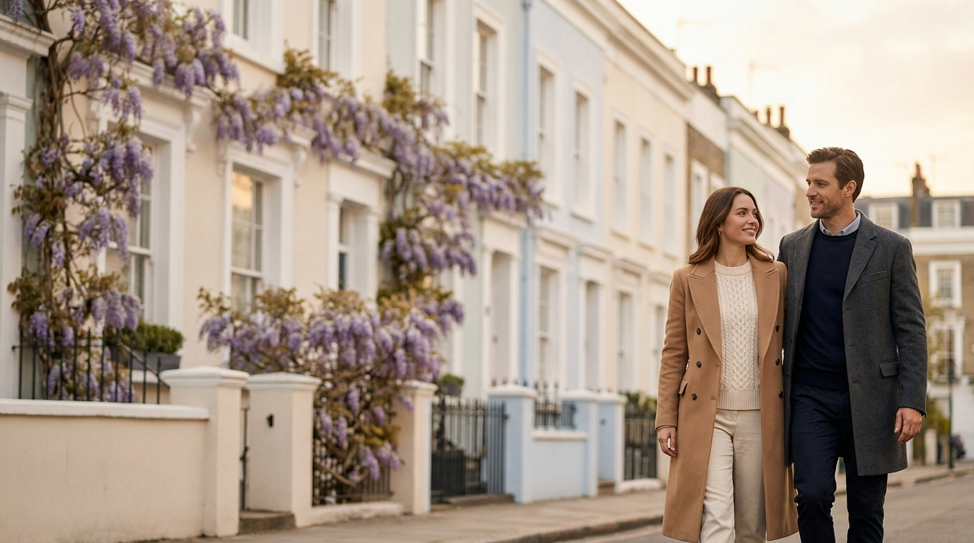 Eleanor Mayfair — couple walking a wisteria-lined Notting Hill street (clean hero, no text, centre kept clear)